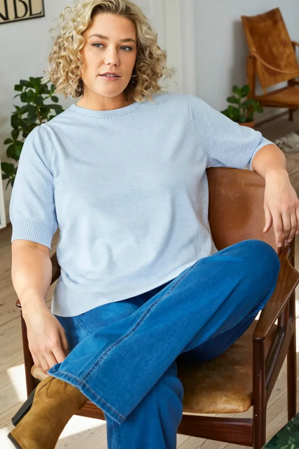 Kortærmet strik pullover - Blå Melange